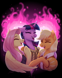 Size: 2570x3208 | Tagged: safe, artist:sparkling_light, applejack, clover the clever, fluttershy, private pansy, smart cookie, twilight sparkle, earth pony, pegasus, pony, unicorn, g4, hearth's warming eve (episode), bust, clover the clever's cloak, eyes closed, female, fire of friendship, floppy ears, happy, high res, laughing, laughingmares.jpg, mare, open mouth, smiling, trio, unicorn twilight