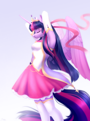 Size: 3008x4039 | Tagged: safe, artist:sparkling_light, twilight sparkle, alicorn, anthro, g4, clothes, crown, dress, eyes closed, female, gloves, high res, jewelry, long gloves, magical girl, navel cutout, profile, regalia, ribbon, solo, stockings, thigh highs, twilight sparkle (alicorn)