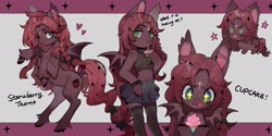 Size: 2048x1024 | Tagged: safe, artist:puzi, oc, oc only, oc:strawberry thornt, bat pony, pony, semi-anthro, arm hooves, bat pony oc, bipedal, clothes, cupcake, drink, drinking, female, food, heart, looking at you, mare, sparkly eyes, stars, tongue out, wingding eyes