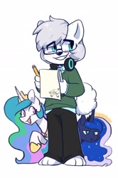 Size: 1260x1897 | Tagged: safe, artist:oofycolorful, princess celestia, princess luna, oc, alicorn, pony, g4, furry, furry oc, headphones, pencil, pencil drawing, simple background, traditional art, white background