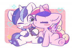 Size: 1540x1076 | Tagged: safe, artist:oofycolorful, princess cadance, shining armor, alicorn, pony, unicorn, g4, blush sticker, blushing, chibi, chocolate, cute, cutedance, duo, eyes closed, face licking, female, food, heart, heart tongue, hoof heart, licking, male, mare, one eye closed, shining adorable, ship:shiningcadance, shipping, stallion, straight, teen princess cadance, teenager, tongue out, weapons-grade cute, ych example, young, young cadance, younger, your character here