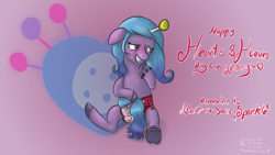 Size: 1920x1080 | Tagged: safe, artist:christian silvermoon, izzy moonbow, pony, unicorn, g5, my little pony: a new generation, adult foal, ball, blushing, diaper, diaper fetish, ear blush, embarrassed, female, fetish, frog (hoof), hearts and hooves day, horn, hornball, izzy's tennis ball, mare, non-baby in diaper, shy, smiling, solo, story in the source, story included, tennis ball, underhoof