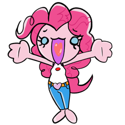 Size: 900x900 | Tagged: safe, artist:batipin, pinkie pie, equestria girls, g4, my little pony equestria girls: legend of everfree, barefoot, camp everfree outfits, chibi, clothes, denim, feet, female, heart tongue, jeans, legend you were meant to be, looking at you, missing shoes, open mouth, pants, simple background, solo, spread arms, transparent background