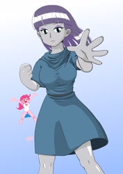 Size: 1448x2048 | Tagged: safe, alternate version, artist:batipin, maud pie, pinkie pie, equestria girls, g4, ><, breasts, busty maud pie, clothes, dress, eyes closed, female, gradient background, jumping, solo focus