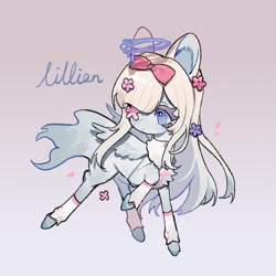 Size: 1700x1700 | Tagged: safe, artist:puzi, oc, oc only, oc:lillian, pegasus, pony, cursive writing, female, flower in eye, gradient background, mare, pegasus oc, ribbon, solo