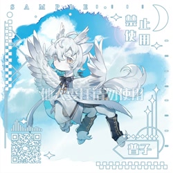 Size: 2000x2000 | Tagged: safe, artist:puzi, oc, oc only, pegasus, pony, blue sky, chinese, cloud, commission, crescent moon, flying, high res, looking at you, male, moon, pegasus oc, qr code, sample, solo, stallion, watermark