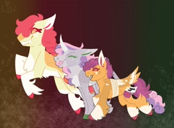 Size: 1500x1100 | Tagged: safe, artist:lepz_weird, apple bloom, scootaloo, sweetie belle, earth pony, pegasus, pony, unicorn, g4, alternate design, chest fluff, coat markings, colored hooves, colored pupils, colored wings, cutie mark crusaders, female, leg fluff, pale belly, running of the leaves, socks (coat markings), tail, tail feathers, trio, unshorn fetlocks, wings