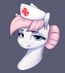 Size: 1988x2207 | Tagged: safe, artist:aquaticvibes, nurse redheart, earth pony, pony, g4, bust, cap, female, hair bun, hat, looking at you, mare, nurse, simple background, solo