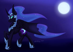 Size: 1280x908 | Tagged: safe, artist:zackwhitefang, nightmare moon, alicorn, pony, g4, digital art, female, helmet, hooves, horn, jewelry, looking at you, mare, moon, night, solo, tail, wings