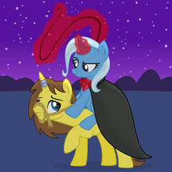 Size: 1920x1920 | Tagged: safe, artist:grapefruit-face, trixie, oc, oc:grapefruit face, pony, g4, magic duel, alicorn amulet, amulet, base used, canon x oc, cape, clothes, duo, female, femdom, grapexie, jewelry, looking at each other, looking at someone, magic suppression, male, ponies riding ponies, riding, shipping, show accurate, straight, whip