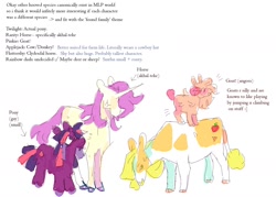 Size: 1620x1161 | Tagged: safe, artist:hoofpeet, applejack, pinkie pie, rarity, twilight sparkle, cow, donkey, goat, horse, pony, unicorn, g4, doodle, female, mare, race swap, simple background, text, white background