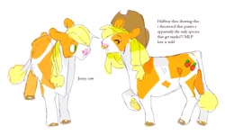 Size: 1560x939 | Tagged: safe, artist:hoofpeet, applejack, cow, g4, applejack's hat, cowboy hat, doodle, female, hat, race swap, simple background, text, white background