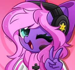 Size: 2048x1902 | Tagged: safe, artist:kittyrosie, oc, oc only, oc:lillybit, anthro, blushing, bow, clothes, commission, hair bow, headphones, headset, one eye closed, open mouth, peace sign, scarf, solo