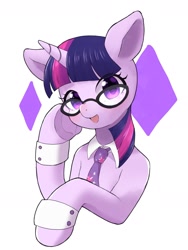 Size: 1800x2400 | Tagged: safe, artist:ayahana, twilight sparkle, pony, unicorn, g4, bust, clothes, cutie mark on clothes, female, glasses, happy, looking at you, mare, necktie, simple background, smiling, smiling at you, solo, unicorn twilight, white background