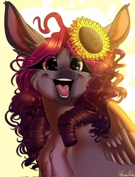 Size: 1565x2048 | Tagged: safe, artist:unfinishedheckery, oc, oc only, oc:opium belladonna, donkey, hybrid, pegasus, pony, bust, cheek fluff, digital art, female, flower, flower in hair, long eyelashes, looking at you, open mouth, portrait, simple background, solo, sunflower, wings