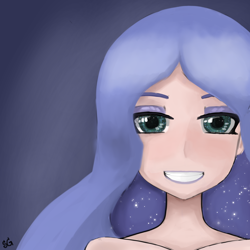 Size: 3000x3000 | Tagged: safe, artist:sunlightgryphon, princess luna, human, g4, bust, ethereal mane, eyeshadow, high res, humanized, looking at you, makeup, simple background, smiling, smiling at you