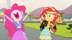 Size: 3410x1920 | Tagged: safe, screencap, pinkie pie, sunset shimmer, equestria girls, g4, my little pony equestria girls: friendship games, backpack, clothes, cupcake, cutie mark on clothes, duo, duo female, female, food, high res, jacket, leather, leather jacket, mawshot, nose in the air, open mouth, open smile, smiling, statue, uvula, volumetric mouth