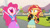 Size: 3410x1920 | Tagged: safe, screencap, pinkie pie, sunset shimmer, equestria girls, g4, my little pony equestria girls: friendship games, backpack, clothes, cupcake, cutie mark on clothes, duo, duo female, female, food, high res, jacket, leather, leather jacket, mawshot, nose in the air, open mouth, open smile, smiling, statue, uvula, volumetric mouth