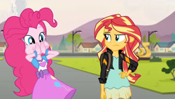 Size: 3410x1920 | Tagged: safe, screencap, pinkie pie, sunset shimmer, equestria girls, g4, my little pony equestria girls: friendship games, aweeg*, backpack, clothes, cutie mark on clothes, duo, duo female, eating, female, high res, jacket, leather, leather jacket, statue