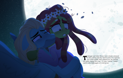 Size: 7125x4500 | Tagged: safe, artist:bearmation, tree hugger, zephyr breeze, earth pony, pegasus, pony, g4, absurd resolution, acrophobia, bridal carry, carrying, clothes, dress, female, floral head wreath, flower, full moon, gritted teeth, loose hair, male, mare, moon, neck hug, nervous, shipping, smiling, stallion, straight, zephyrhugger