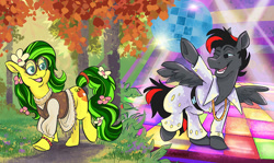 Size: 1000x597 | Tagged: safe, artist:spainfischer, oc, oc only, earth pony, pegasus, pony, 60s, 70s, clothes, disco, disco ball, female, forest, glasses, hippie, male, round glasses