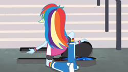 Size: 3410x1920 | Tagged: safe, screencap, rainbow dash, equestria girls, g4, my little pony equestria girls: friendship games, boots, electric guitar, female, guitar, high res, musical instrument, shoes, solo, stairs