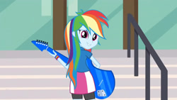 Size: 3410x1920 | Tagged: safe, screencap, rainbow dash, equestria girls, g4, my little pony equestria girls: friendship games, canterlot high, electric guitar, female, guitar, high res, looking back, musical instrument, smiling, solo, stairs