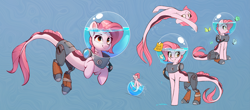Size: 2854x1252 | Tagged: safe, artist:rexyseven, oc, oc only, oc:koraru koi, butterfly, merpony, seapony (g4), abstract background, blue background, bubble helmet, cracked, female, gills, no boop, prosthetic leg, prosthetic limb, prosthetics, rebreather, simple background, smiling, solo, sticky note, swimming, tape, text, underwater, water