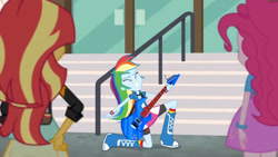 Size: 3410x1920 | Tagged: safe, screencap, pinkie pie, rainbow dash, sunset shimmer, equestria girls, g4, my little pony equestria girls: friendship games, backpack, boots, canterlot high, clothes, cutie mark on clothes, electric guitar, eyes closed, female, grin, guitar, high res, jacket, leather, leather jacket, musical instrument, shoes, smiling, stairs, trio, trio female
