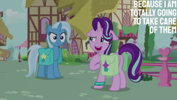 Size: 1280x720 | Tagged: safe, edit, edited screencap, editor:quoterific, screencap, starlight glimmer, trixie, pony, unicorn, g4, season 9, student counsel, angry, bag, duo, female, floppy ears, mare, open mouth, open smile, saddle bag, smiling, trixie is not amused, unamused