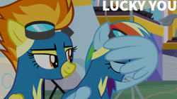 Size: 1280x720 | Tagged: safe, edit, edited screencap, editor:quoterific, screencap, rainbow dash, spitfire, pegasus, pony, g4, parental glideance, season 7, clothes, duo, eyes closed, female, goggles, mare, open mouth, smiling, text, uniform, wing hands, wings, wonderbolts uniform