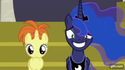 Size: 640x360 | Tagged: safe, screencap, princess luna, alicorn, pony, unicorn, a royal problem, g4, season 7, animated, crown, duo, faic, female, filly, foal, frown, gif, gifs.com, grin, jewelry, mare, nervous, nervous smile, regalia, smiling