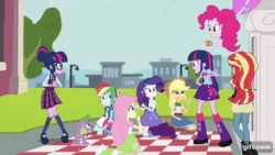 Size: 640x360 | Tagged: safe, screencap, applejack, fluttershy, pinkie pie, rainbow dash, rarity, sci-twi, spike, spike the regular dog, sunset shimmer, twilight sparkle, dog, equestria girls, g4, my little pony equestria girls: friendship games, animated, applejack's hat, belt, boots, bracelet, canterlot high, clothes, cowboy boots, cowboy hat, cutie mark on clothes, denim skirt, drinking, female, gif, gifs.com, glasses, hairpin, hat, humane five, humane seven, humane six, jewelry, juice, juice box, male, open mouth, shoes, skirt, smiling, statue, twolight
