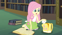 Size: 3410x1920 | Tagged: safe, screencap, angel bunny, fluttershy, rabbit, equestria girls, g4, my little pony equestria girls: friendship games, angelbetes, animal, backpack, book, boots, cute, duo, eyes closed, female, high res, male, open mouth, shoes, smiling