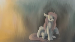 Size: 1920x1080 | Tagged: safe, artist:bluefeathercat, fluttershy, pegasus, pony, g4, abstract background, female, looking away, looking down, mare, sitting, solo, spread wings, three quarter view, tired, wings, wings down
