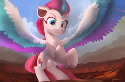 Size: 4896x3200 | Tagged: safe, artist:auroriia, zipp storm, pegasus, pony, g5, my little pony: a new generation, female, frown, high res, looking at you, looking down, looking down at you, mare, rearing, solo, spread wings, unamused, wings