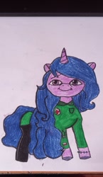 Size: 736x1269 | Tagged: safe, artist:clevercloud2022pl, izzy moonbow, pony, unicorn, g5, my little pony: a new generation, army, blue hair, bracelet, clothes, drawing, fanart, female, flag, happy, horn, jewelry, medic, paper, poland, polish, red cross, refreshed, soldier, soldier pony, traditional art, uniform