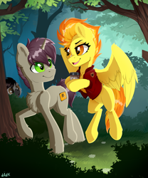 Size: 4000x4800 | Tagged: safe, artist:rainbowfire, spitfire, oc, oc:morozov, pegasus, pony, unicorn, g4, absurd resolution, chest fluff, clothes, coffee, ear fluff, female, fluffy, flying, forest, green eyes, jacket, male, mare, orange eyes, rockstar, smiling, stallion, talking, tree, walking, wings