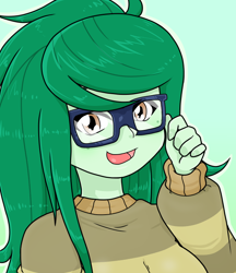 Size: 640x740 | Tagged: safe, artist:batipin, wallflower blush, human, equestria girls, g4, adjusting glasses, female, glasses, green background, multiple variants, open mouth, simple background, solo