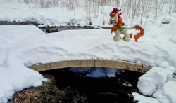 Size: 2048x1206 | Tagged: safe, photographer:pakapaka1993, autumn blaze, kirin, pony, g4, bridge, irl, japan, photo, plushie, snow, solo, winter