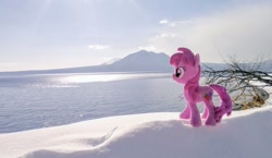 Size: 1024x595 | Tagged: safe, photographer:pakapaka1993, berry punch, berryshine, earth pony, pony, g4, irl, japan, mountain, ocean, photo, plushie, snow, solo, water, winter