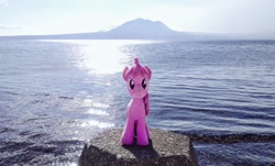 Size: 1024x617 | Tagged: safe, photographer:pakapaka1993, berry punch, berryshine, earth pony, pony, g4, irl, japan, mountain, ocean, photo, plushie, rock, solo, water