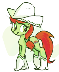 Size: 417x502 | Tagged: safe, artist:plunger, peachy sweet, earth pony, pony, g4, apple family member, boots, bow, clothes, cowboy boots, cowboy hat, cute, female, full body, hair bow, hat, looking at something, looking back, mare, ponerpics import, shoes, simple background, smiling, solo, standing