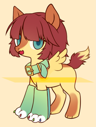 Size: 939x1244 | Tagged: safe, artist:miioko, oc, oc only, hybrid, pegasus, pony, collar, open mouth, paws, pegasus oc, simple background, solo, wings, yellow background