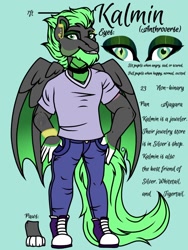 Size: 1000x1333 | Tagged: safe, artist:teonnakatztkgs, oc, oc only, oc:kalmin, pegasus, anthro, beard, clothes, converse, facial hair, hand on hip, makeup, pants, pegasus oc, reference sheet, shoes, smiling, wings