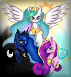Size: 2349x2554 | Tagged: safe, artist:maneblue, princess cadance, princess celestia, princess luna, alicorn, pony, g4, alicorn triarchy, bust, female, high res, horn, jewelry, mare, peytral, spread wings, tiara, wings