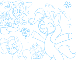 Size: 2738x2190 | Tagged: safe, artist:kaikururu, trixie, pony, unicorn, g4, bedroom eyes, bipedal, bunny out of the hat, bust, eyes closed, female, high res, lineart, magic trick, mare, one eye closed, sketch, sketch dump, smiling, wink
