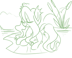 Size: 2738x2190 | Tagged: safe, artist:kaikururu, oc, oc only, earth pony, pony, earth pony oc, eye clipping through hair, eyes closed, female, high res, lilypad, lineart, lying down, mare, monochrome, prone, smiling, solo