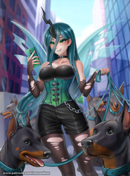 Size: 1300x1759 | Tagged: safe, alternate version, artist:racoonsan, queen chrysalis, doberman, dog, human, g4, bare shoulders, breasts, busty queen chrysalis, chains, cleavage, clothes, cute, fangs, gloves, horn, horned humanization, humanized, long gloves, phone, sleeveless, stockings, thigh highs, winged humanization, wings