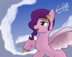 Size: 5200x4100 | Tagged: safe, artist:cobaltskies002, pipp petals, pegasus, pony, g5, my little pony: a new generation, amazed, cloud, female, flying, mare, signature, solo, spread wings, wings